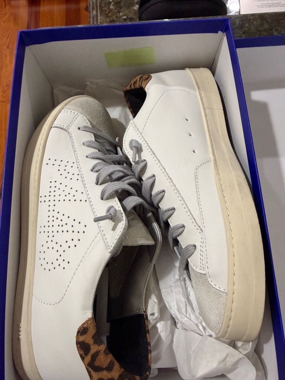 P448 White Leather Sneakers with Gray Laces and Leopard Heel NWT
